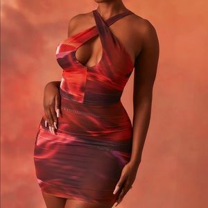 Out Of This World Crossover Ruched Mesh Mini Dress